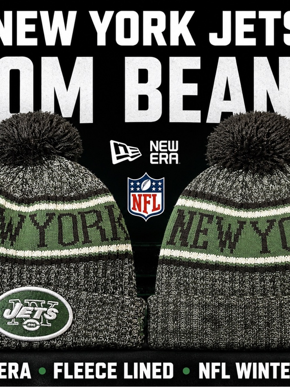 New Era New York Jets Green Black Pom Beanie